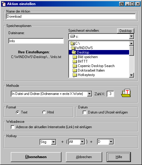 Screenshot Textsaver: Aktionen erstellen